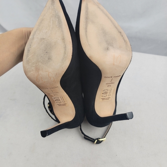 Nordstrom Black Suede Studio genuine suede good studded ankle strap heels Sz 9.5 - Picture 6 of 6